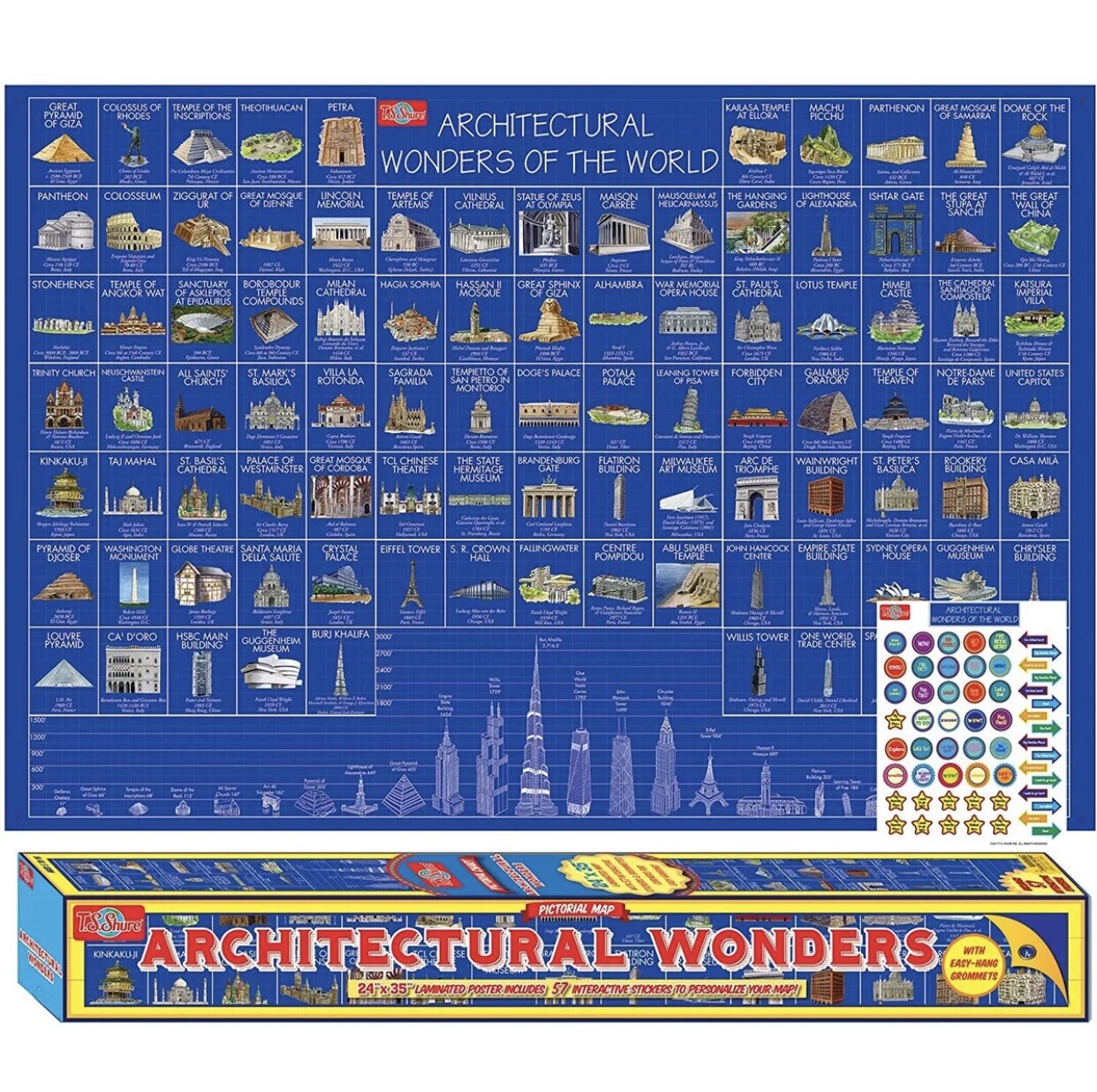 Architectural Wonders Map T.S. Shure Pictorial Chart Landmarks 24 X 35” Inch NEW