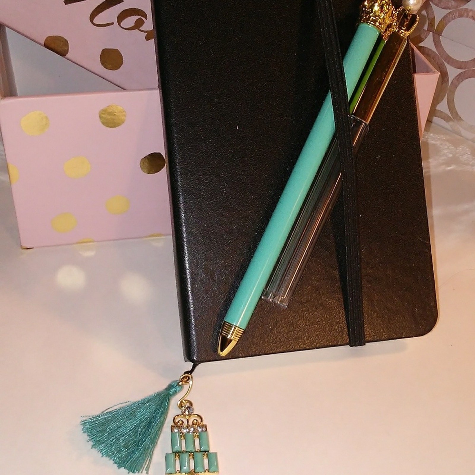 Journal Set Black Hardcover Notebook Jeweled Bookmark Pencil Duo w GIFT BOX New
