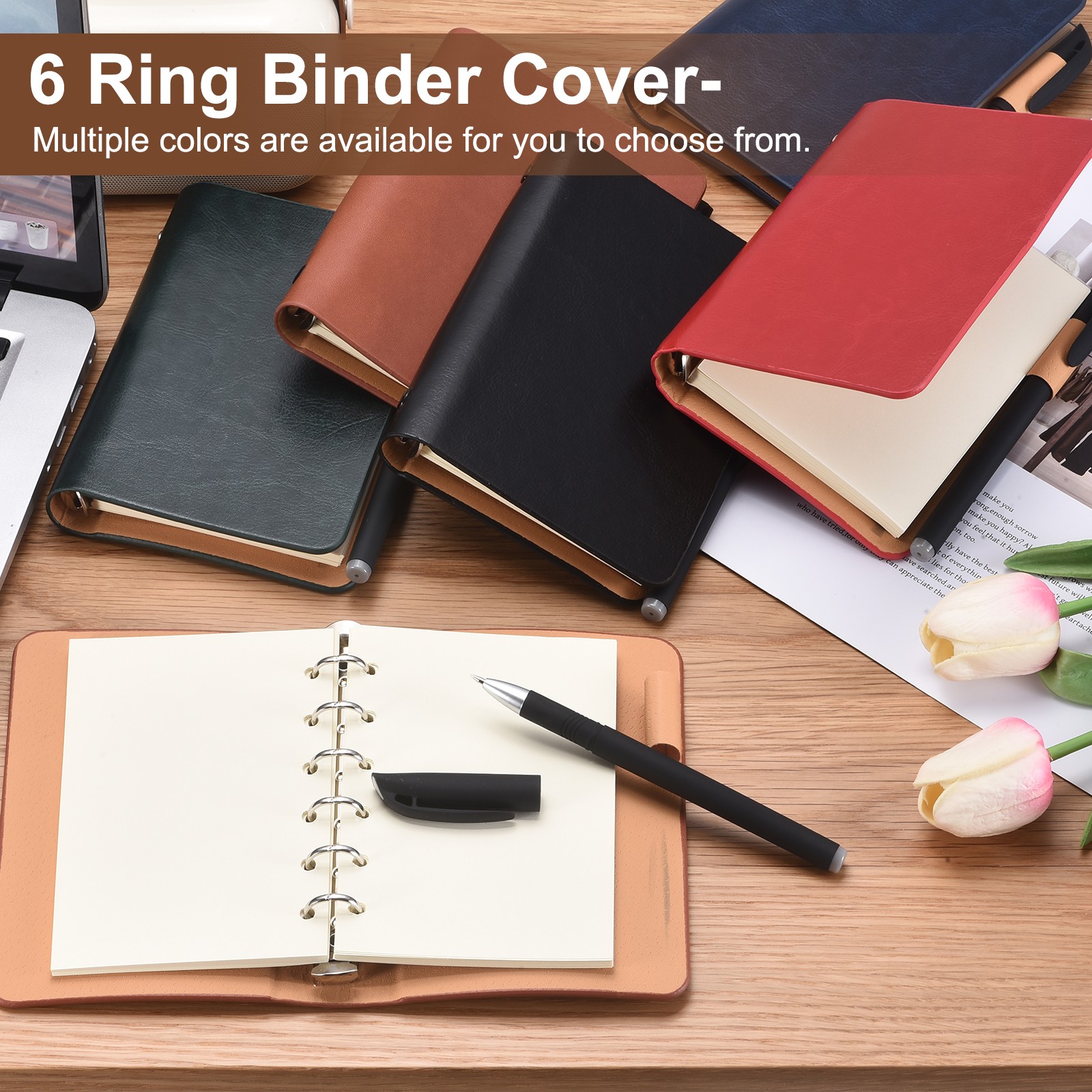 2Set 6 Ring Binder Cover A7 Leather Notebook with Blank Paper and Pen, Coffee