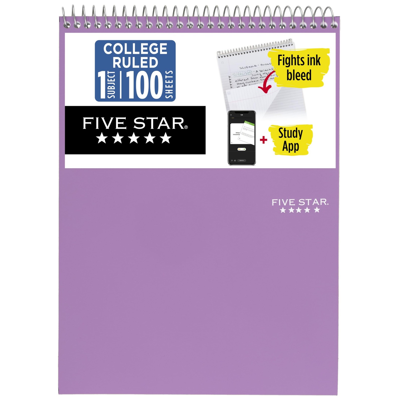 Five Star Top Spiral Notebook + Study App, 1 Subject, College Amethyst Purple