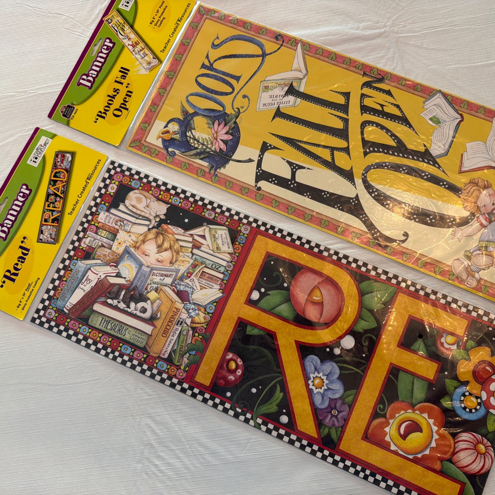 Lot of 2 Mary Engelbreit 39” Banners READ & BOOKS FALL OPEN Teacher School Decor