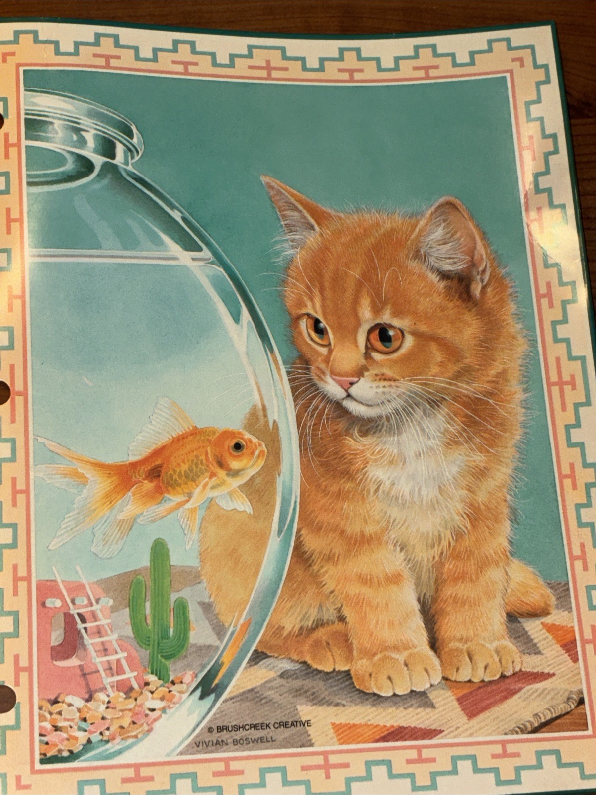 vintage trapper keeper Binder Folder orange tabby kitten watching goldfish