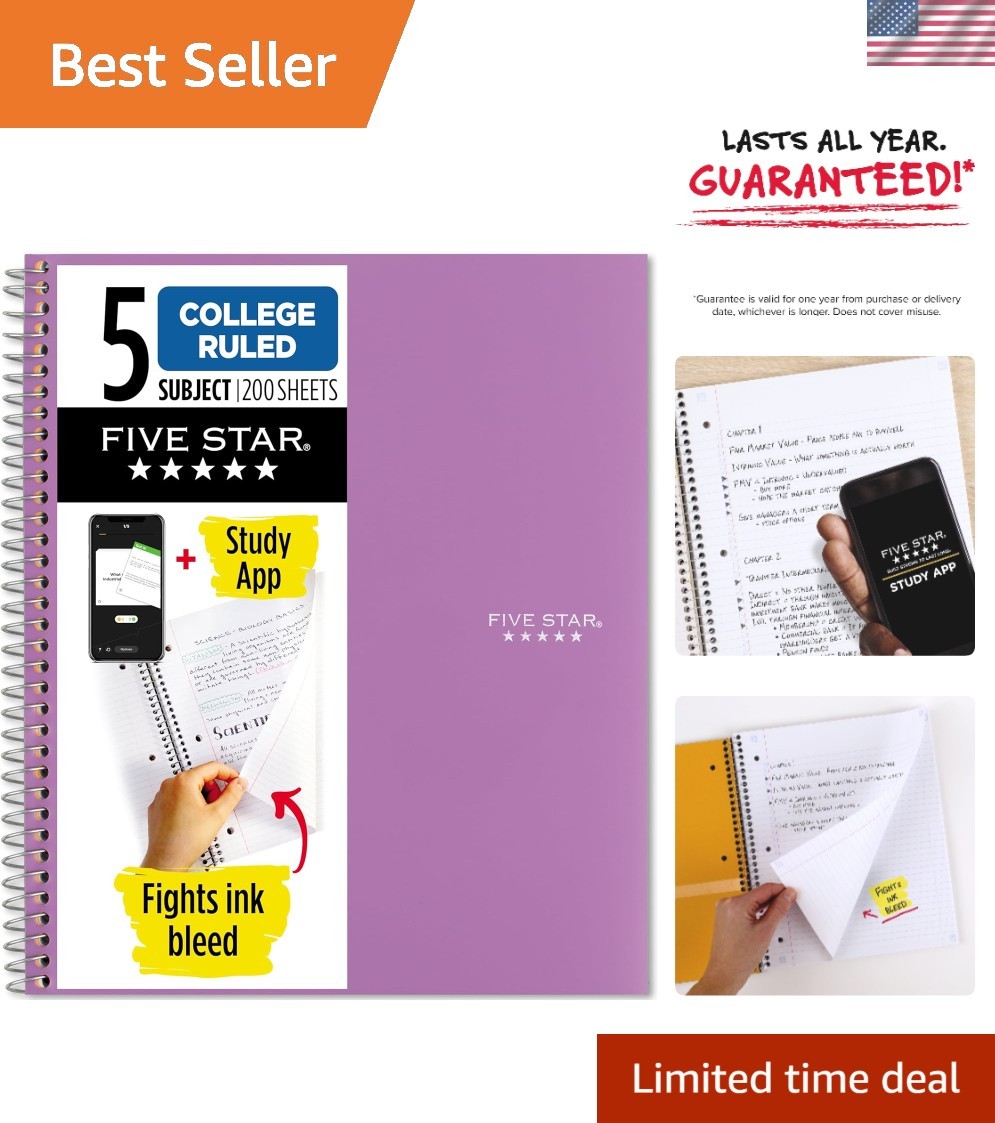 Elegant Amethyst Purple Spiral Notebook, 5 Subject with Digital Study App Access