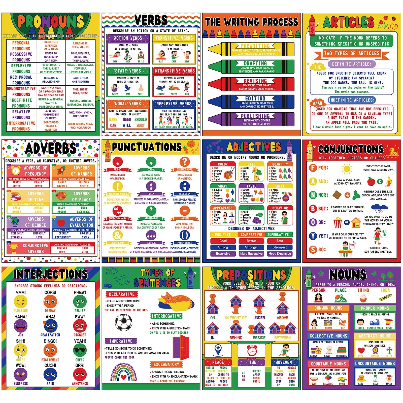 AmazingSpark 12 Pcs Crayon Parts of Speech Posters 12 x 10 inches, multicolor
