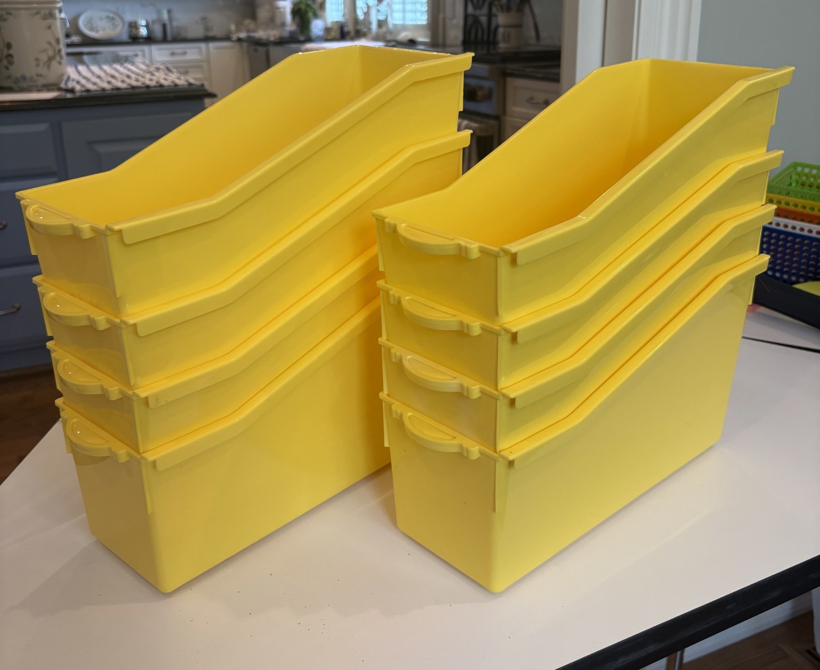 Interlocking Plastic Book Bins – red, orange, yellow, green, blue, purple