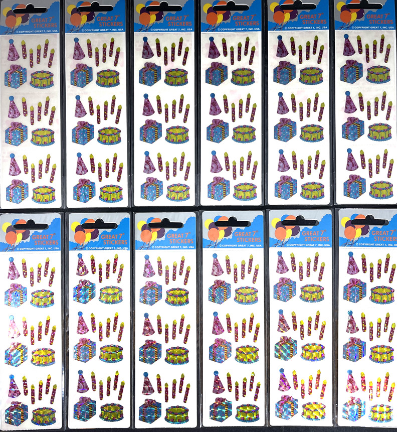 12 packages of Prismatic Birthday Stickers, „Great 7“ Sticker Designs, PPZ6016