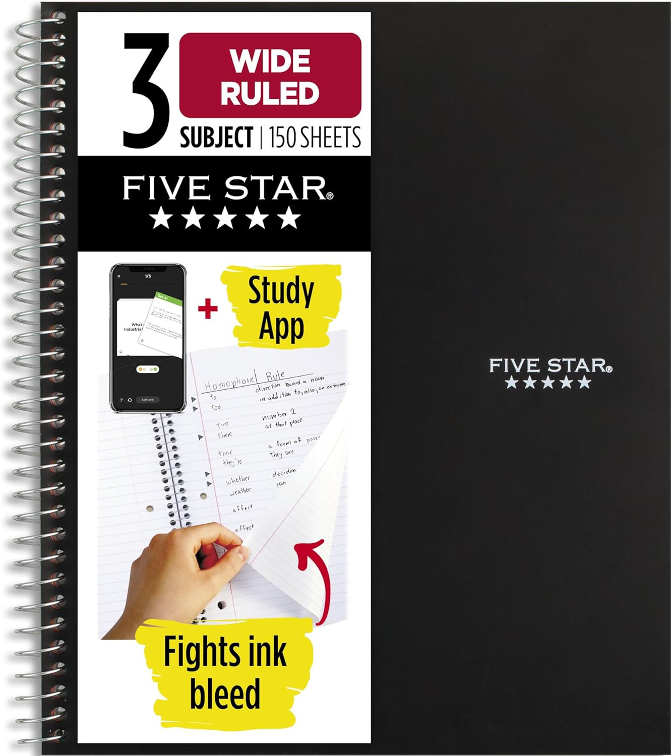 Spiral Notebook + Study App, 3 Subject, Wide Ruled Paper, 8″ X 10-1/2″, 150 Shee
