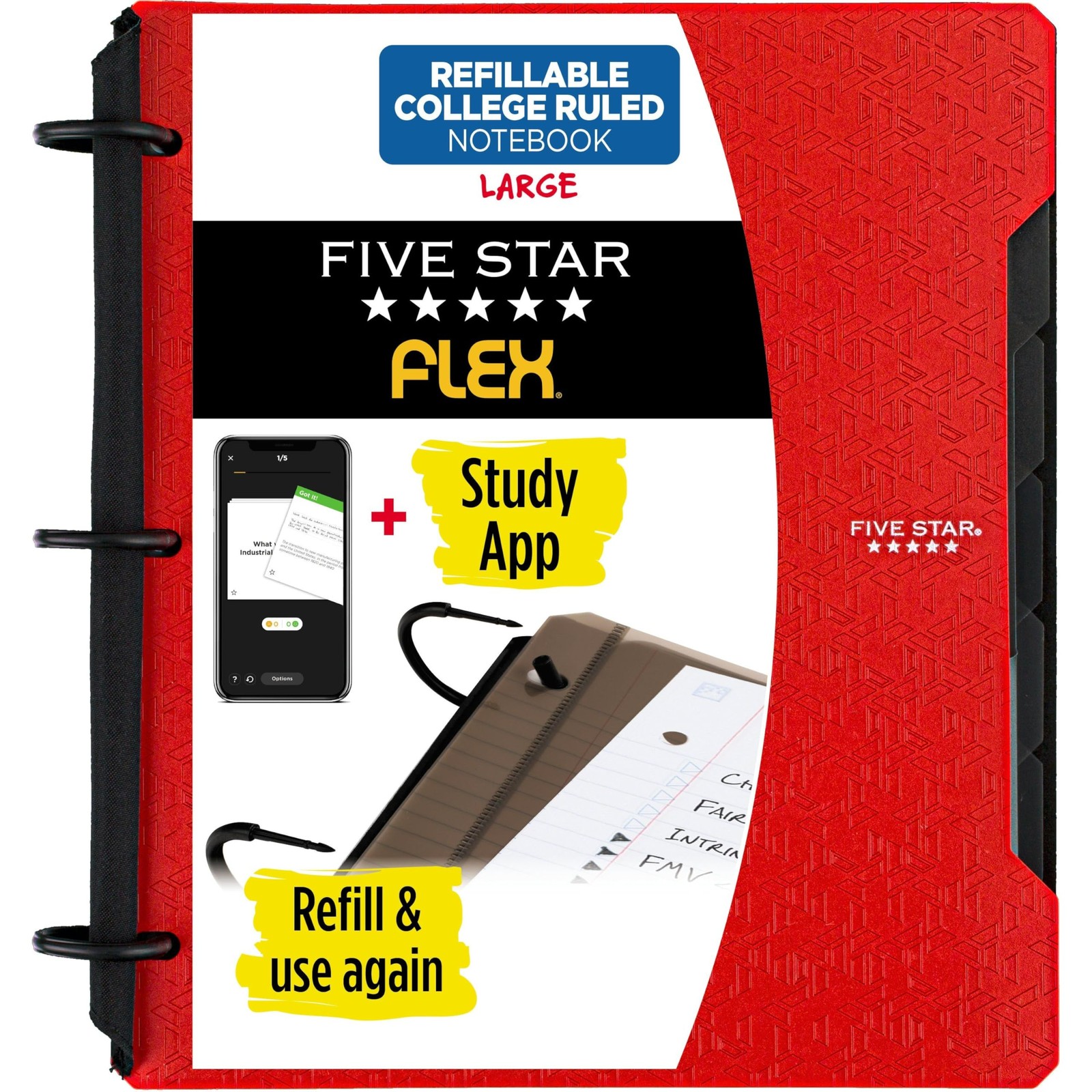 Five Star Flex Refillable Notebook + Study App, 1 Count (Pack of 1), Red