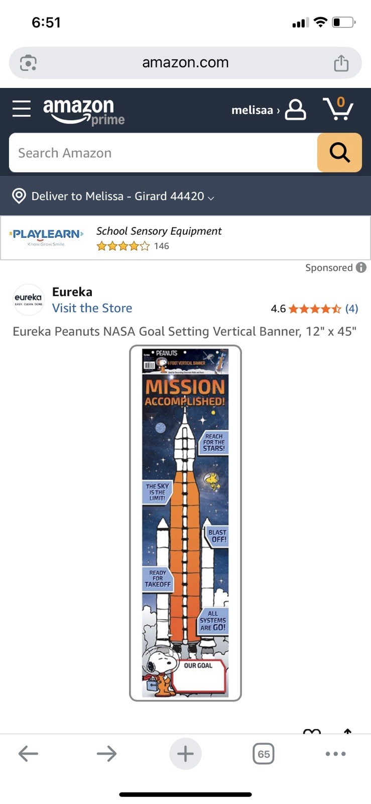 Snoopy Peanuts Mission Accomplished 4 Foot Vertical banner
