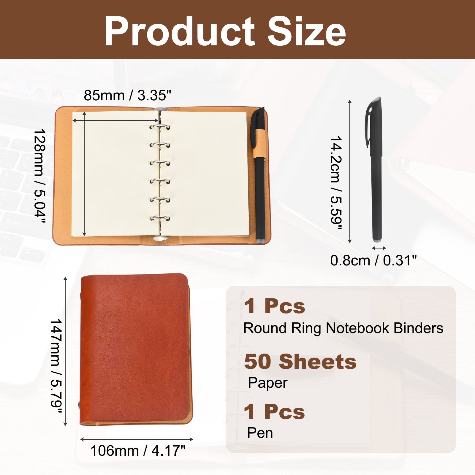 6 Ring Binder Cover A7 Leather Notebook with Blank Paper and Pen, Yellow-Brown