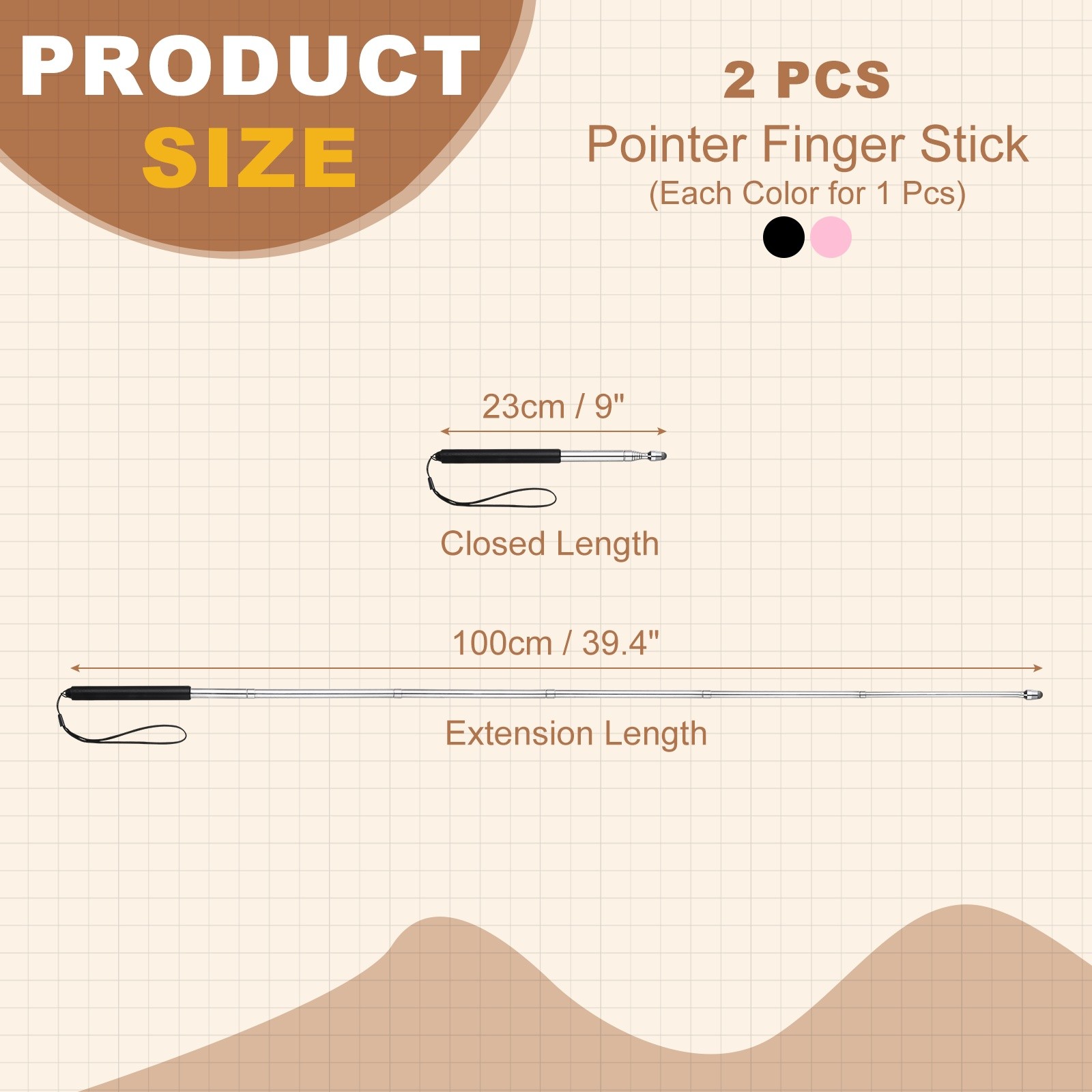 2Pcs Pointer Finger Stick 39.4″ Retractable Teacher Pointer Black Pink