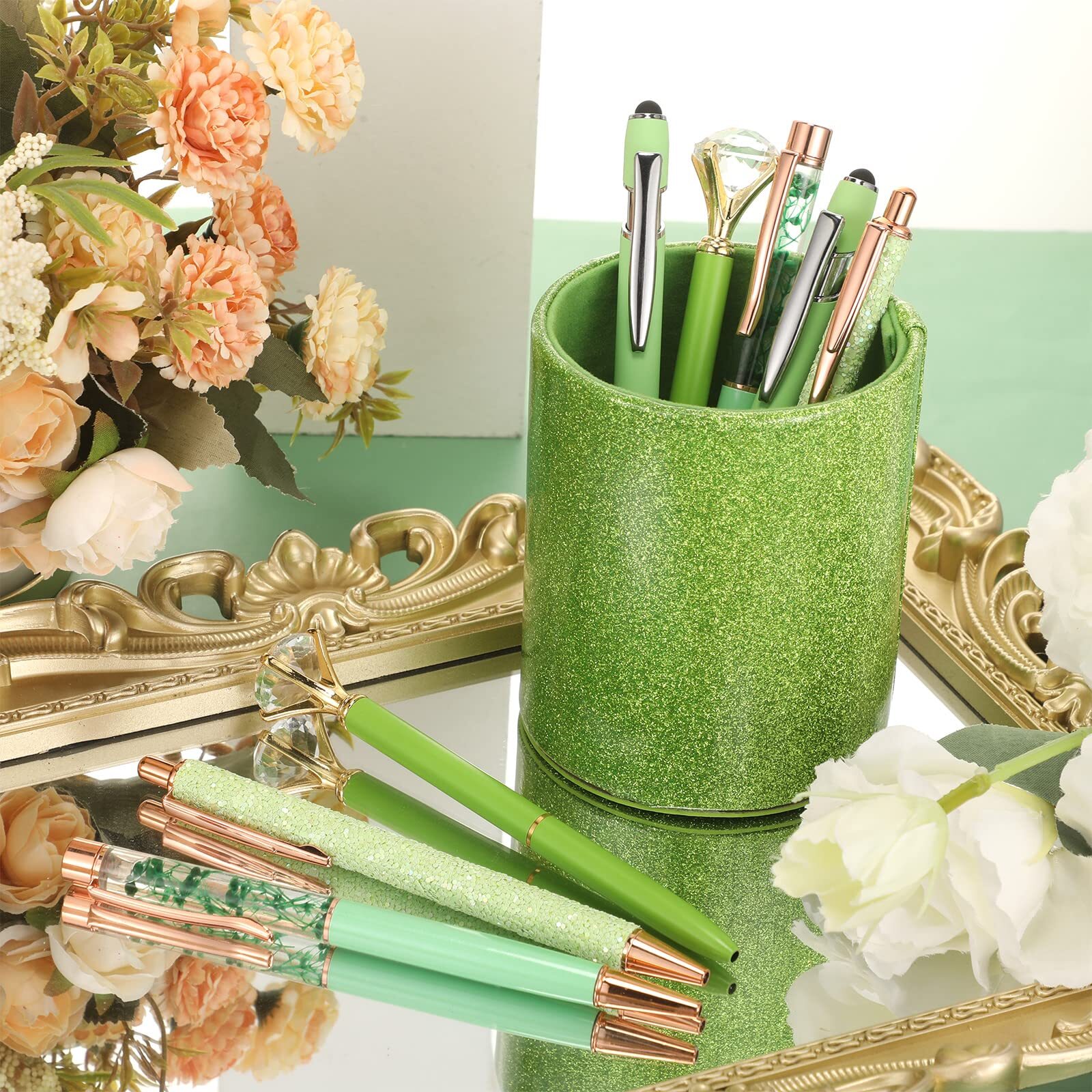 Sabary 8 Pcs Ballpoint Pens with Pen Holder for Desk Pencil Holder (Green)