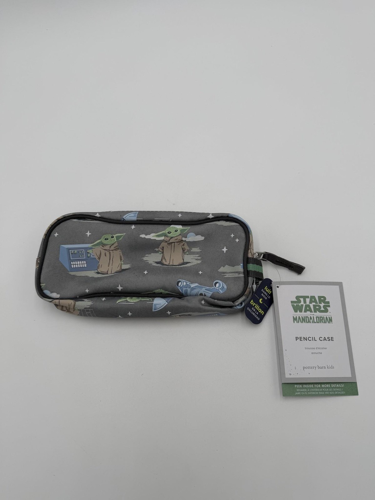 Pottery Barn Kids Star Wars Mandalorian Pencil Case Gray Glow In The Dark New