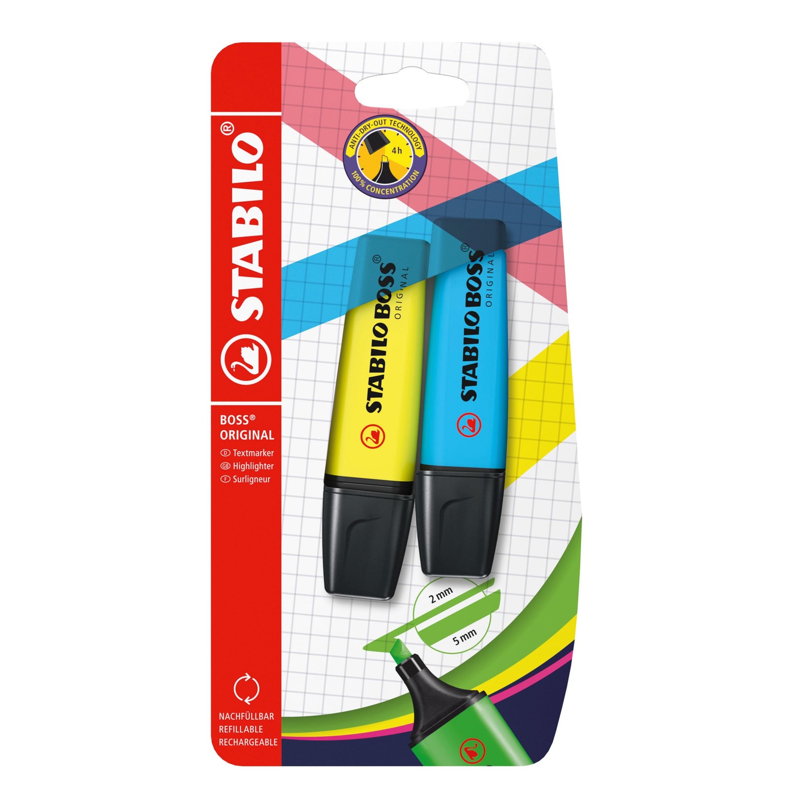 Highlighter – STABILO BOSS ORIGINAL – Pack of 2 – Yellow/Blue Pack of 2 Yellow/B