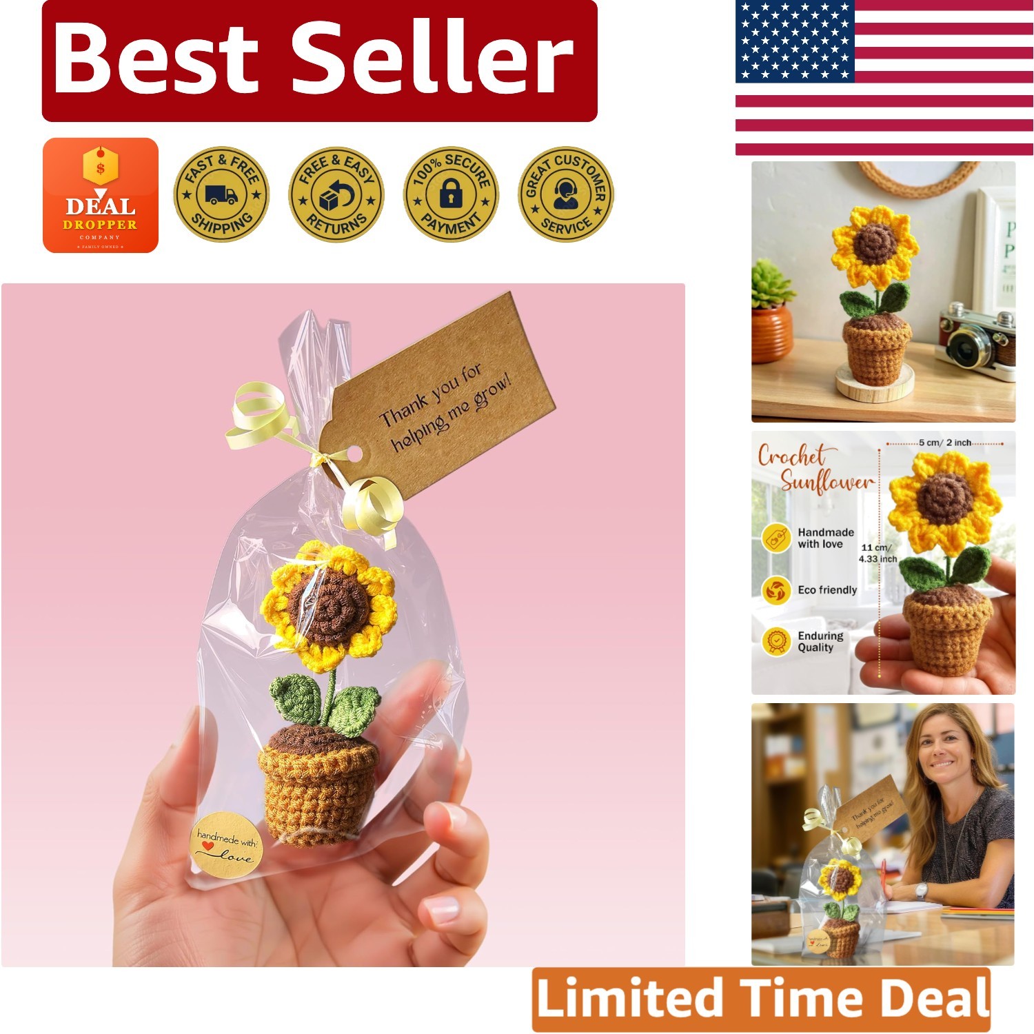 Handmade Crochet Sunflower Gift – Thank You for Helping Me Grow – Teacher’s Gift