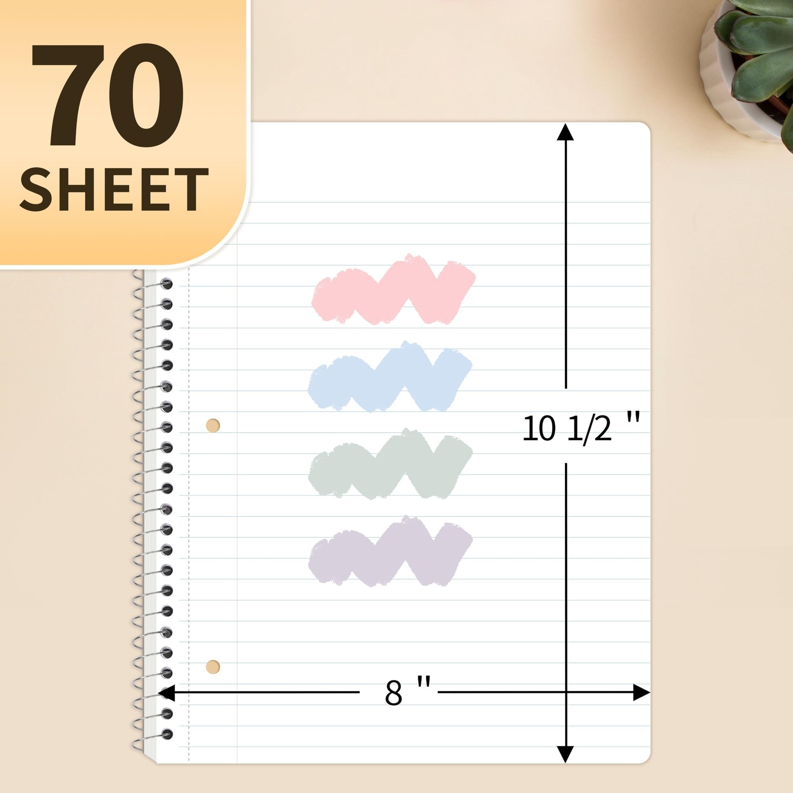 Spiral Notebooks Wide Ruled, 1-Subject, 4 Pack, 8 x 10-1/2 in, 70 Sheets, 3-H…