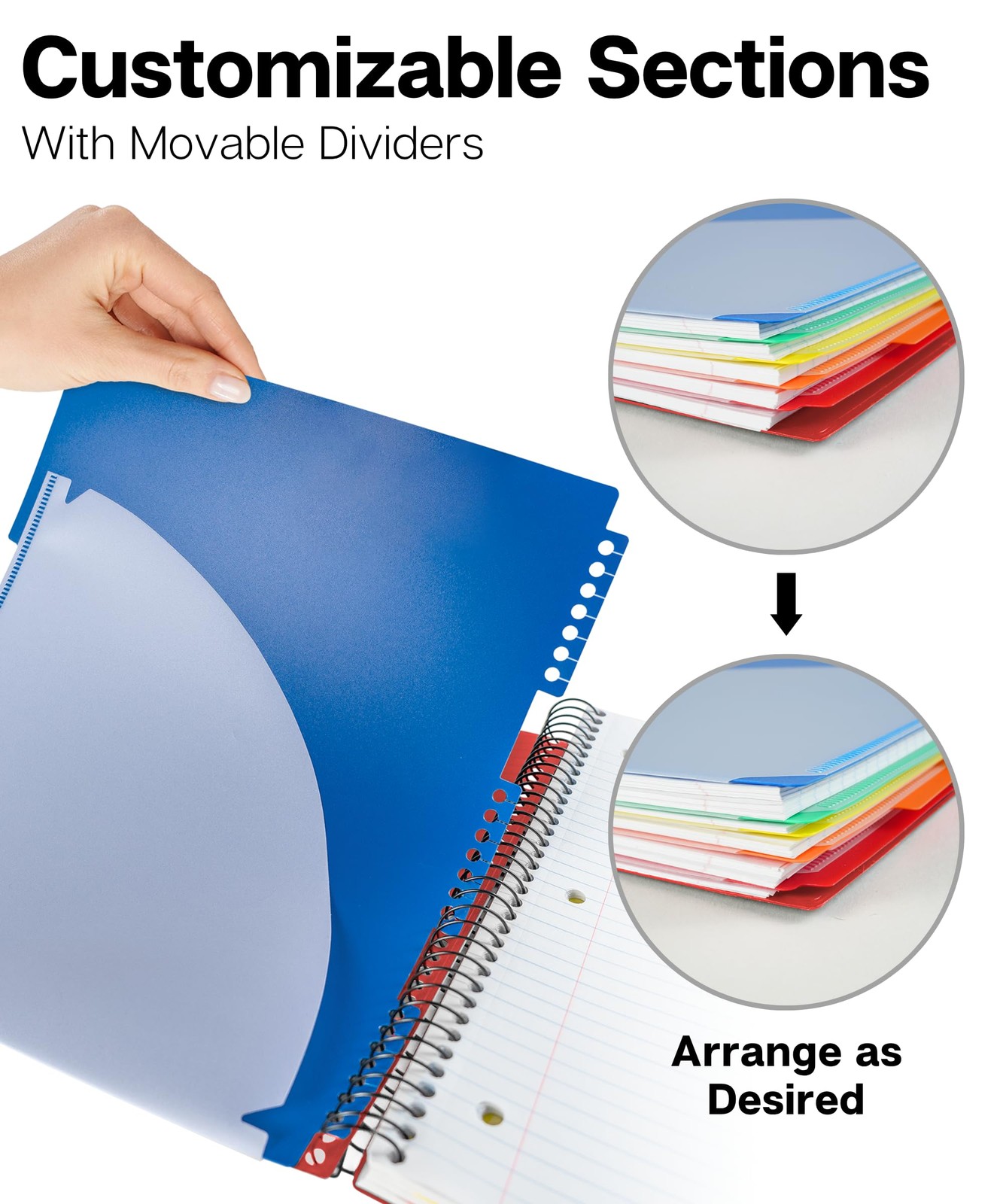 5-Subject Spiral Notebook, College Ruled (Red), Colorful Movable Pocket Divid…