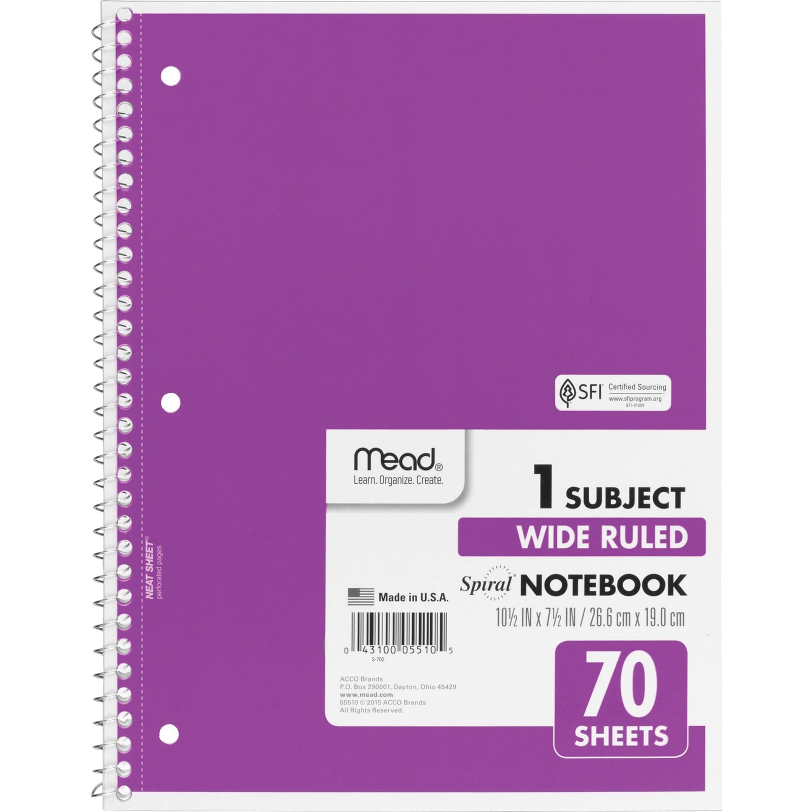 Mead Spiral Notebook, 1 Subject, Wide Ruled Paper, Pack of 1, Assorted Colors