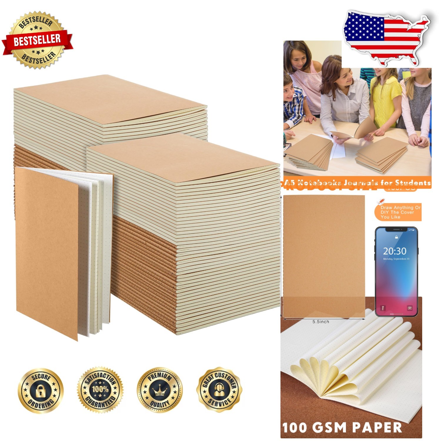 Wholesale 100 A5 Dot Journals – 60pg Soft Kraft Business Travel Notebooks
