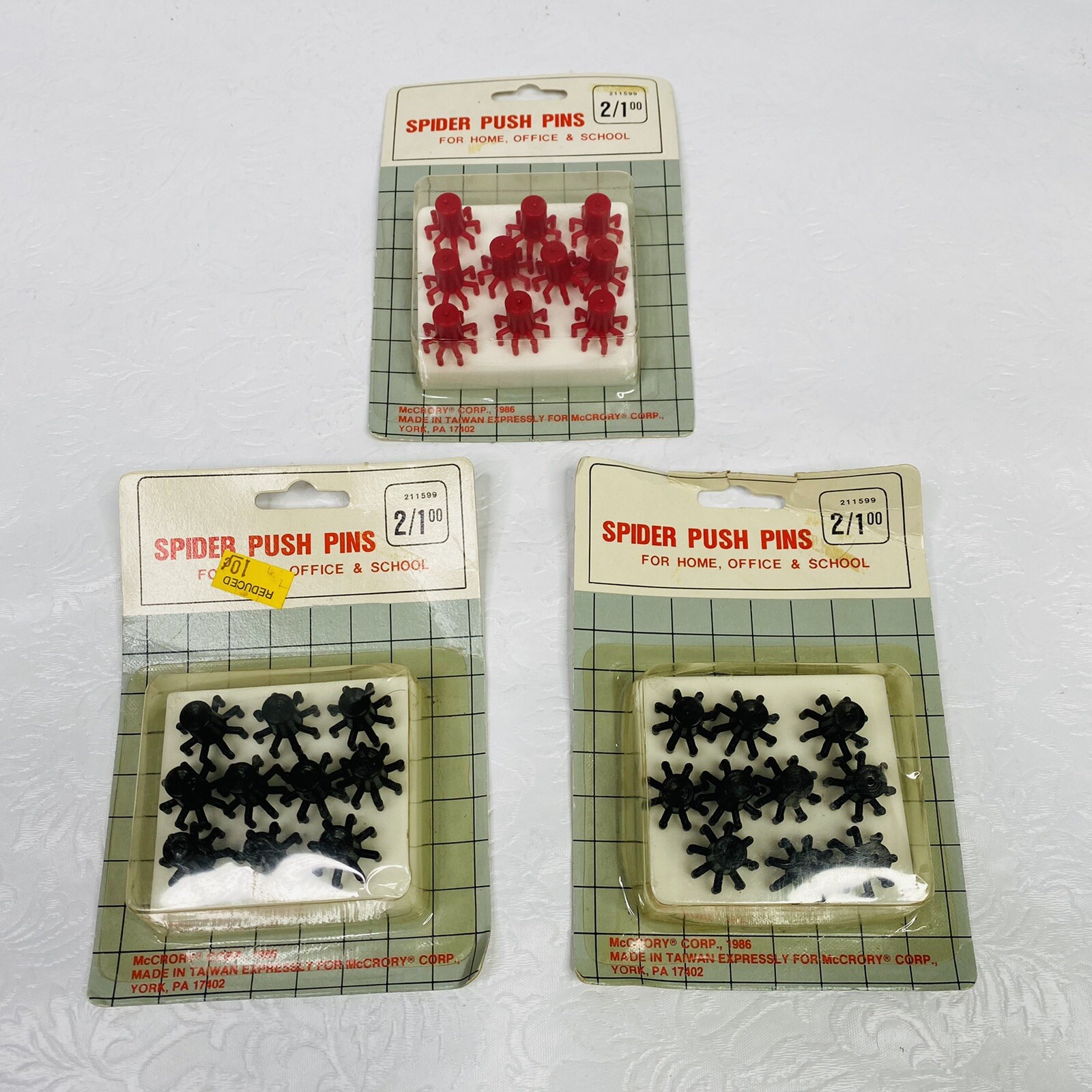 3 Packs Vintage Spider Push Pins Red Black Plastic 10ct Ea NOS Props Thumbtacks