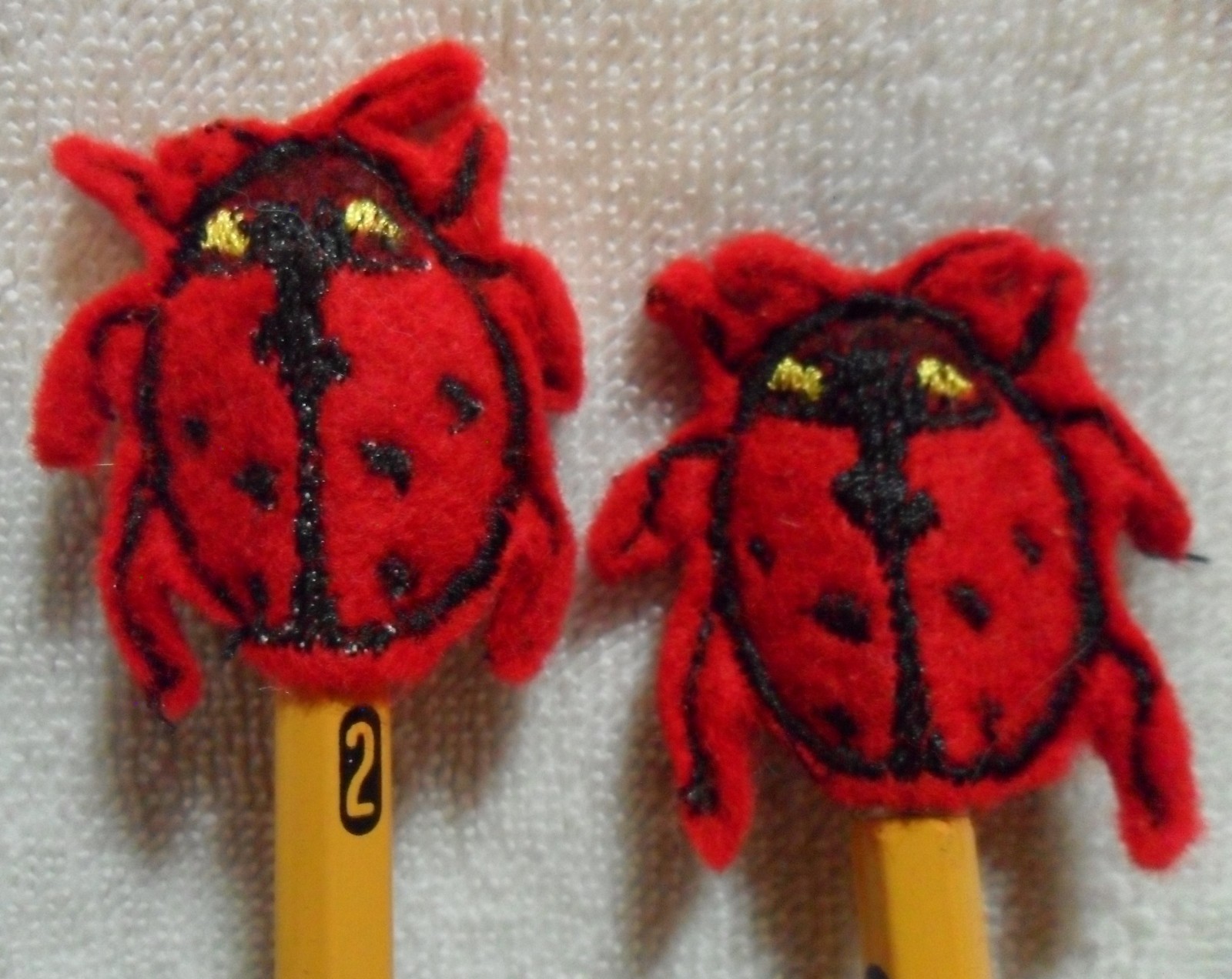 2x Handmade Machine Embroidered Ladybug Pencil Pen Toppers Red Black Lady Bug