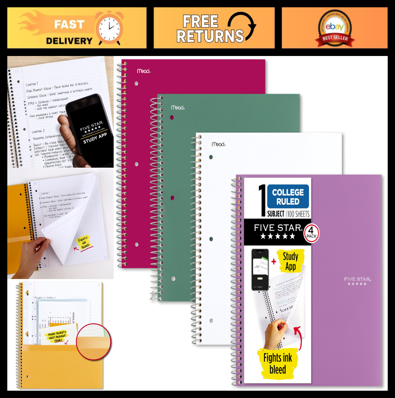 Spiral Notebook 4 Pack – 100 Sheets, College Ruled, Ink Bleed Resistant, Water-R