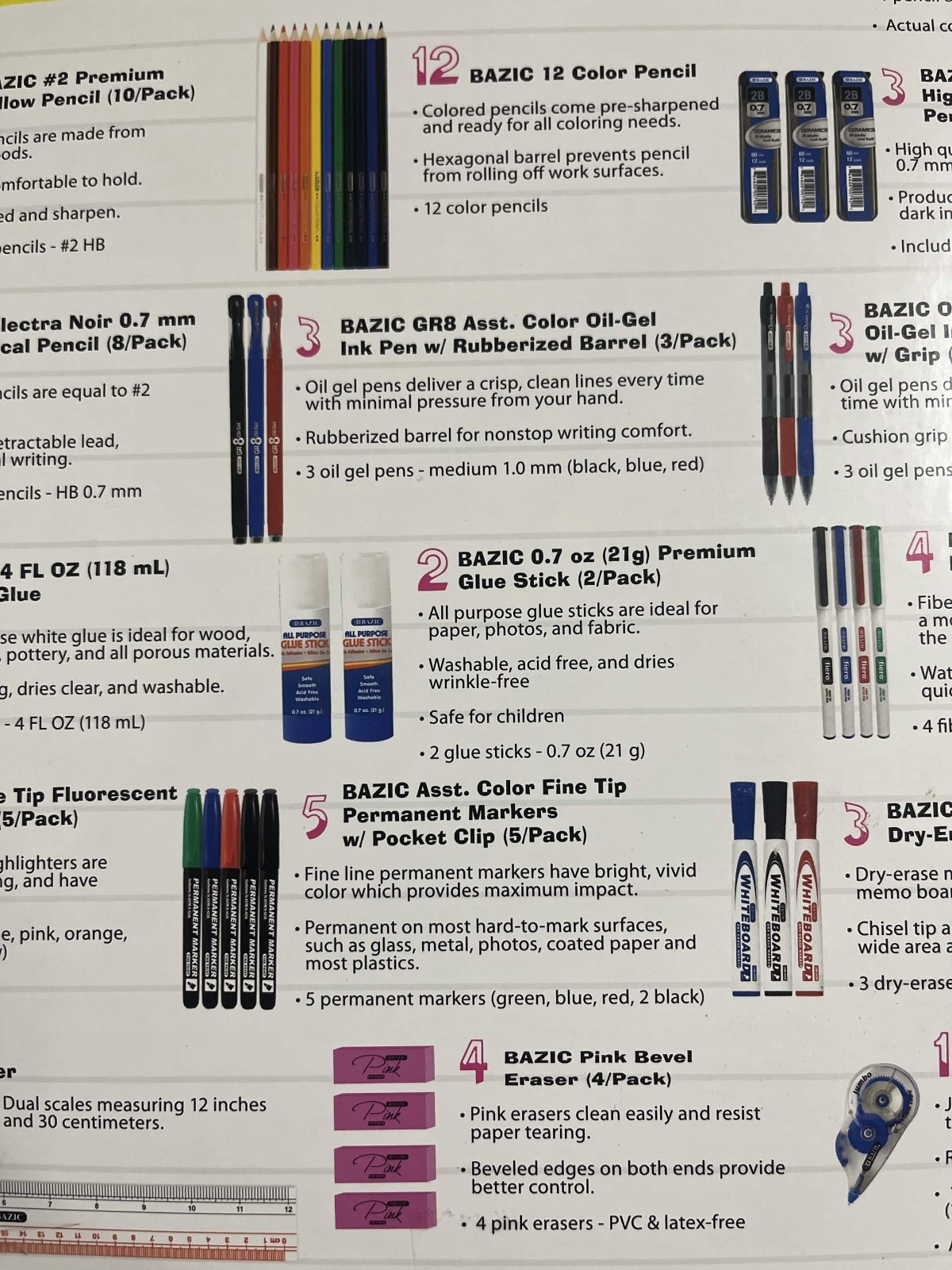 BAZIC Products 66 Piece School Supplies Kit K-12 Back to School Set New