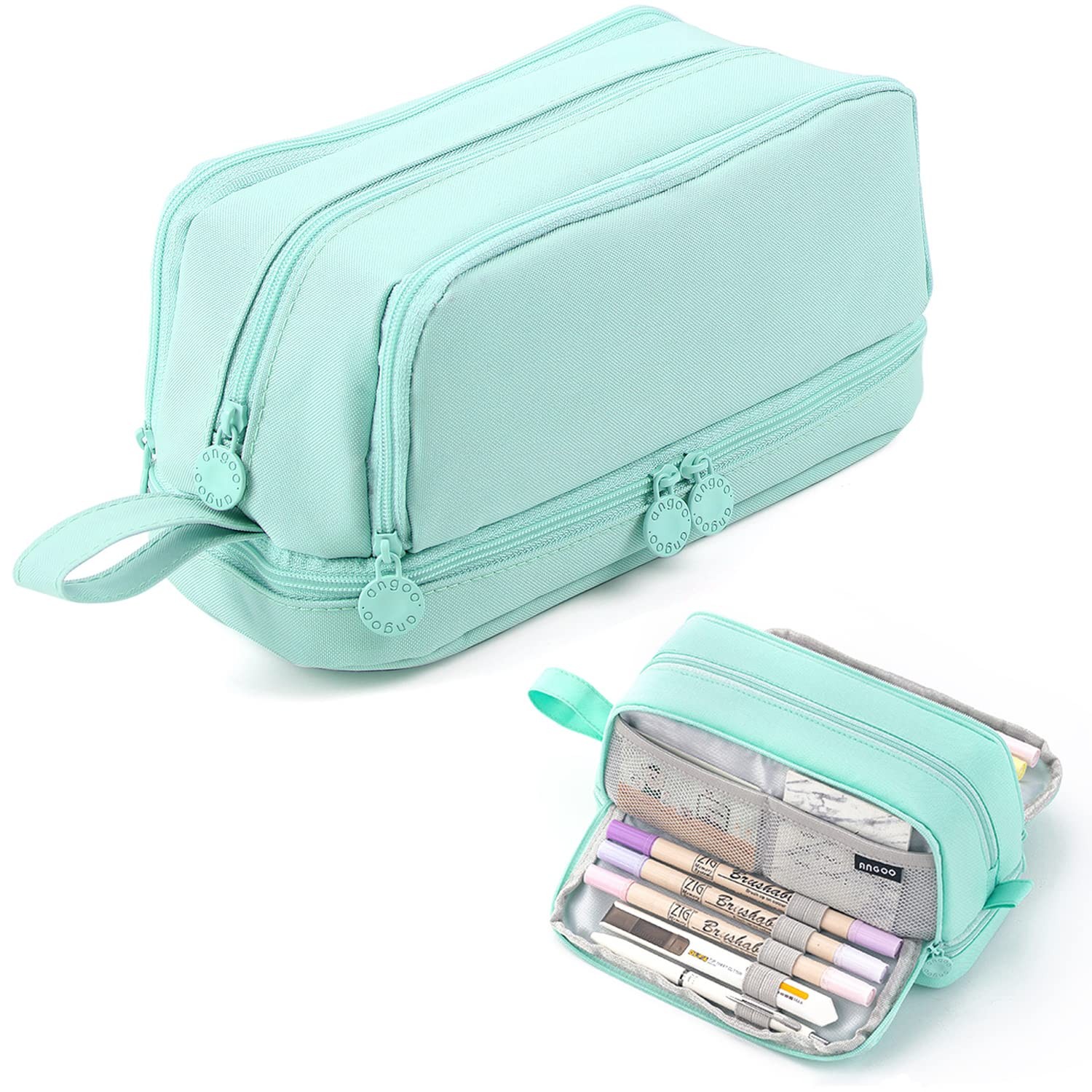 Large Capacity Pencil Case 4 Compartments, 128 cubic inches, Light Green