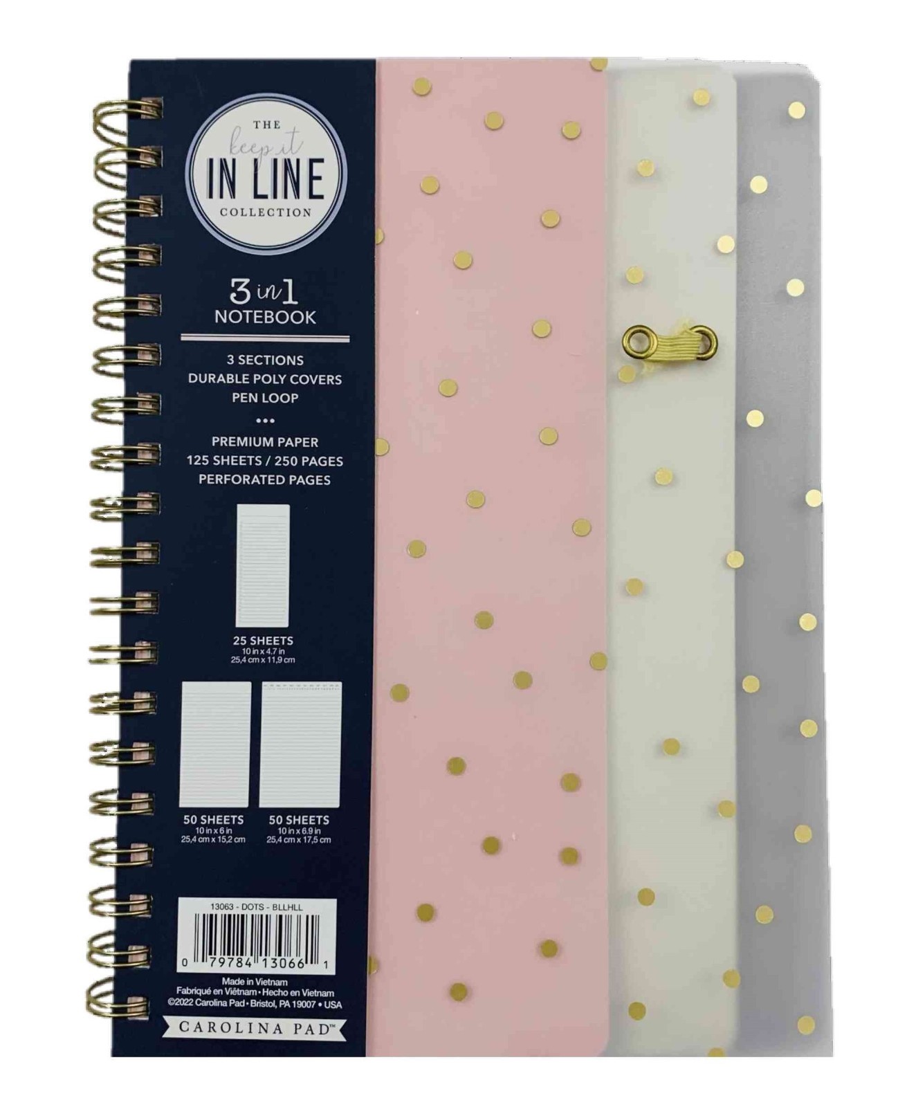 Carolina Pad 3-in-1 Foil Cover Notebook, Keep It in Line (Festive Polka Dots)