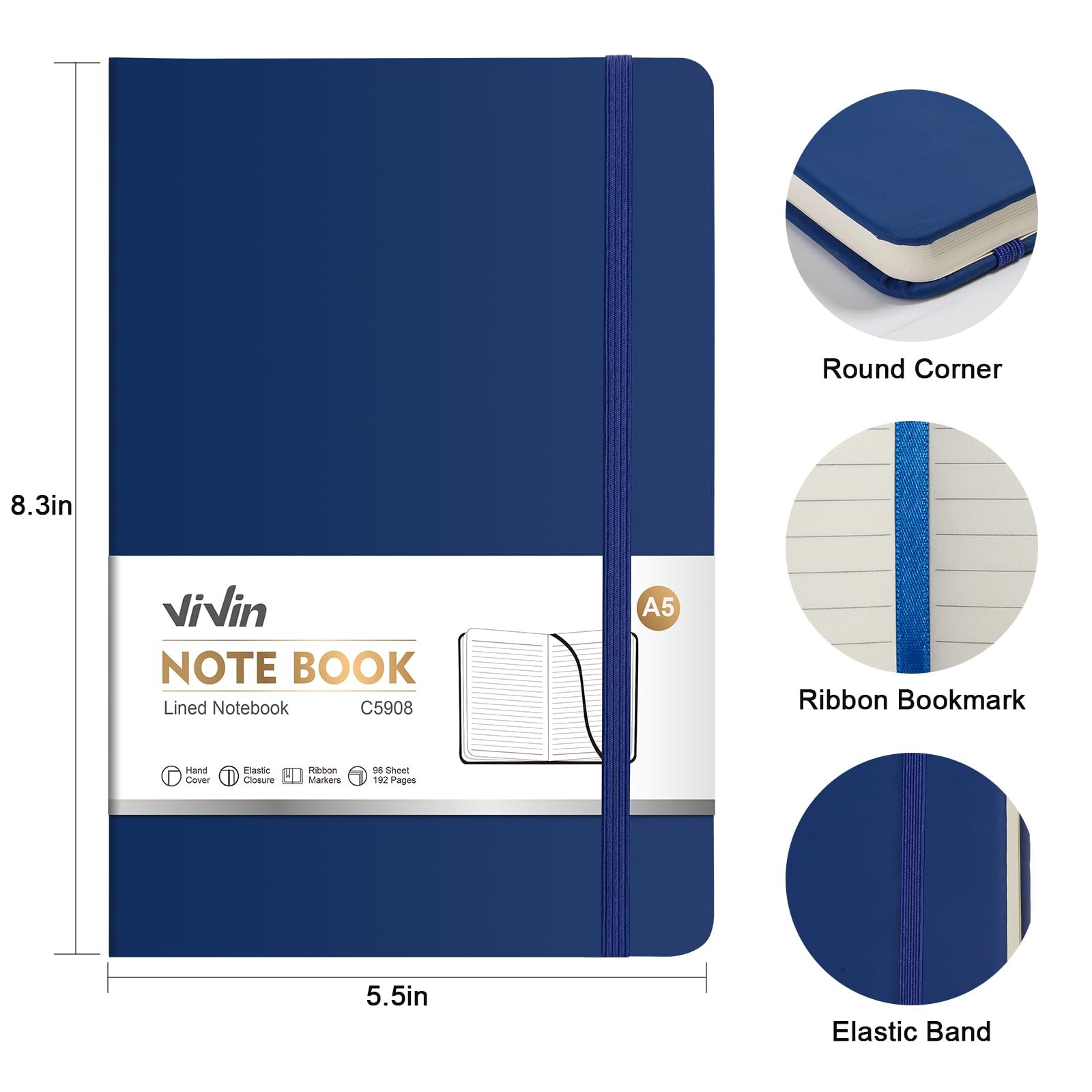 ViVin Lined Journal Notebooks for Work, 192 Pages, Medium 1 Pack, Navy Blue