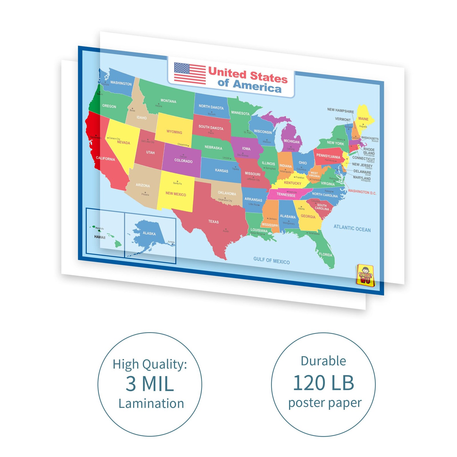 Laminated United States Map Poster Dry Erase Educational Classroom Chart