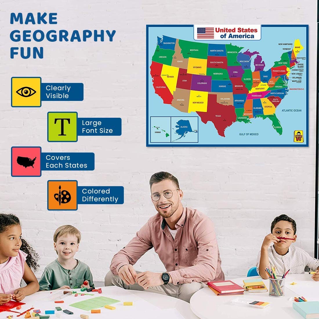 Laminated United States Map Poster Dry Erase Educational Classroom Chart