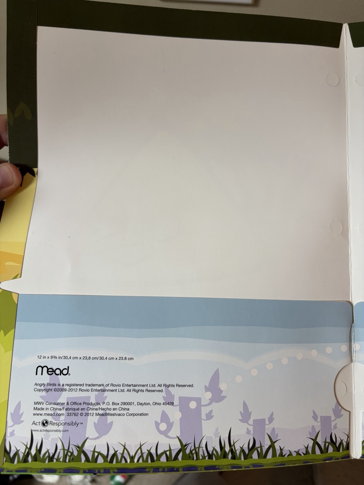 Angry Birds Mead Card Stock Folder Rovio 2012 Unpunched 2 pockets nostalgic