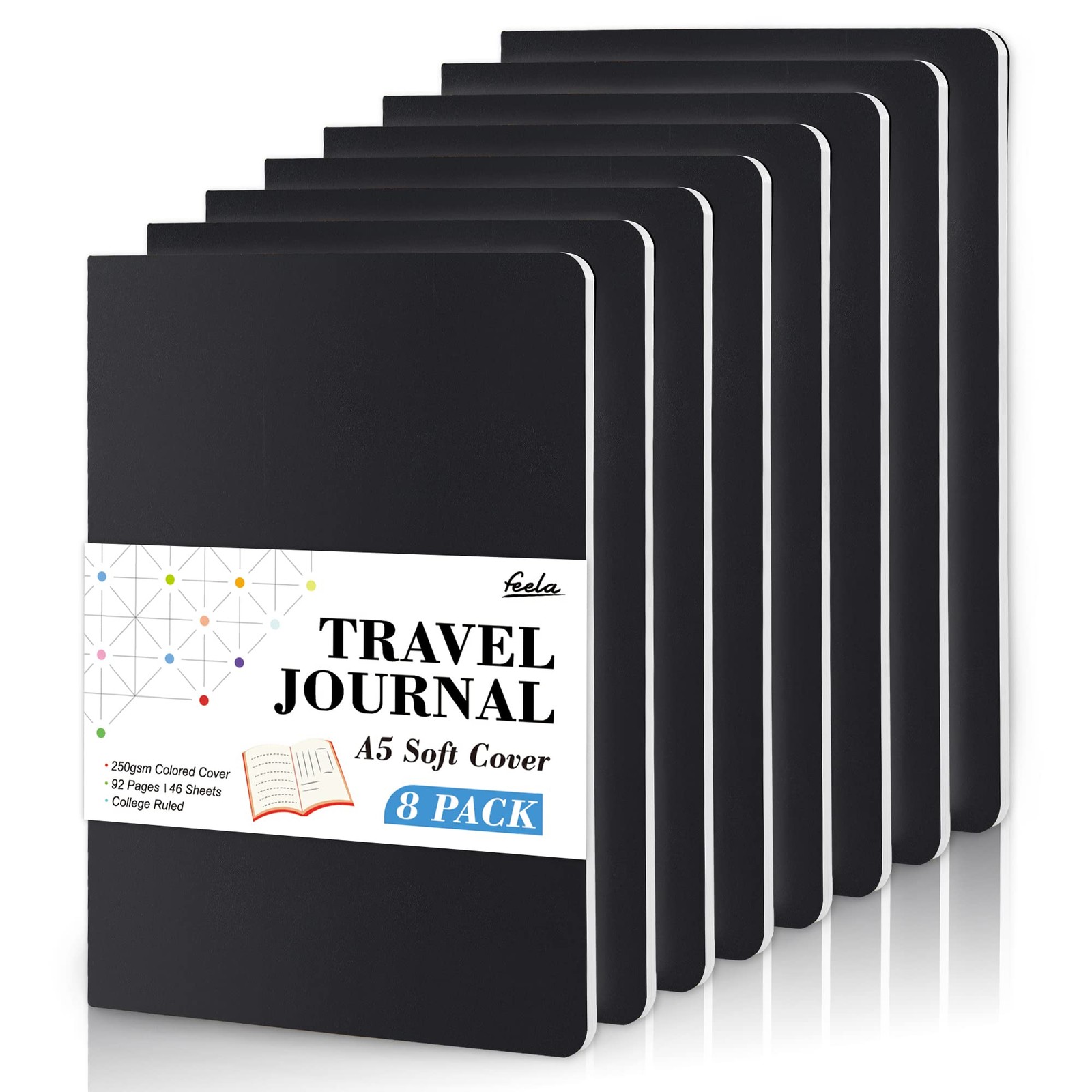 8 Pack Soft Cover Journal Bulk, Feela Notebooks College Ruled for 8 Black