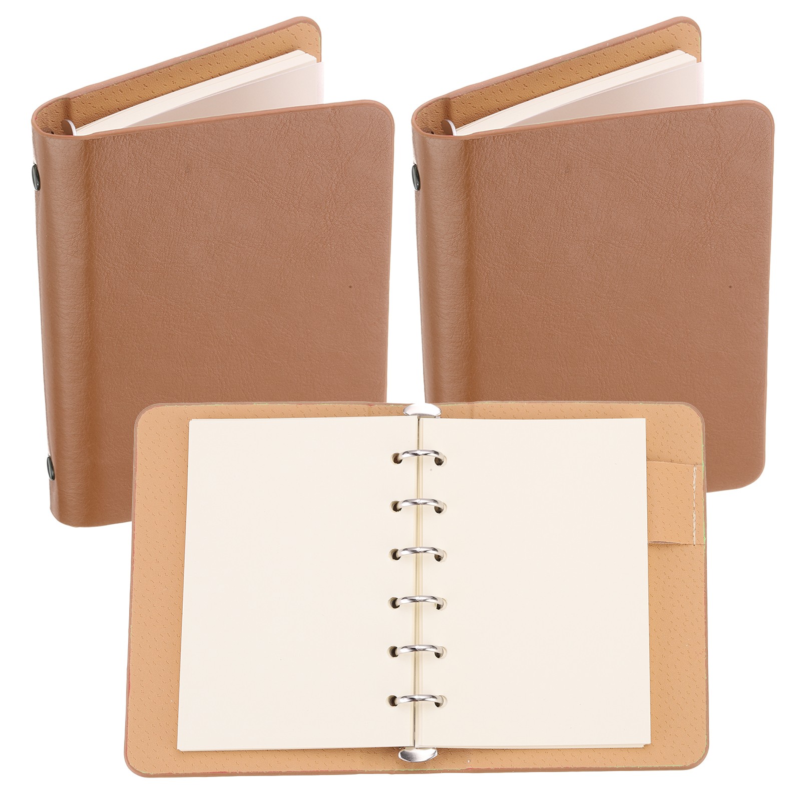 6 Ring Binder Cover 2pcs A7 Leather Notebook Binder with 100 Sheets Paper, Brown