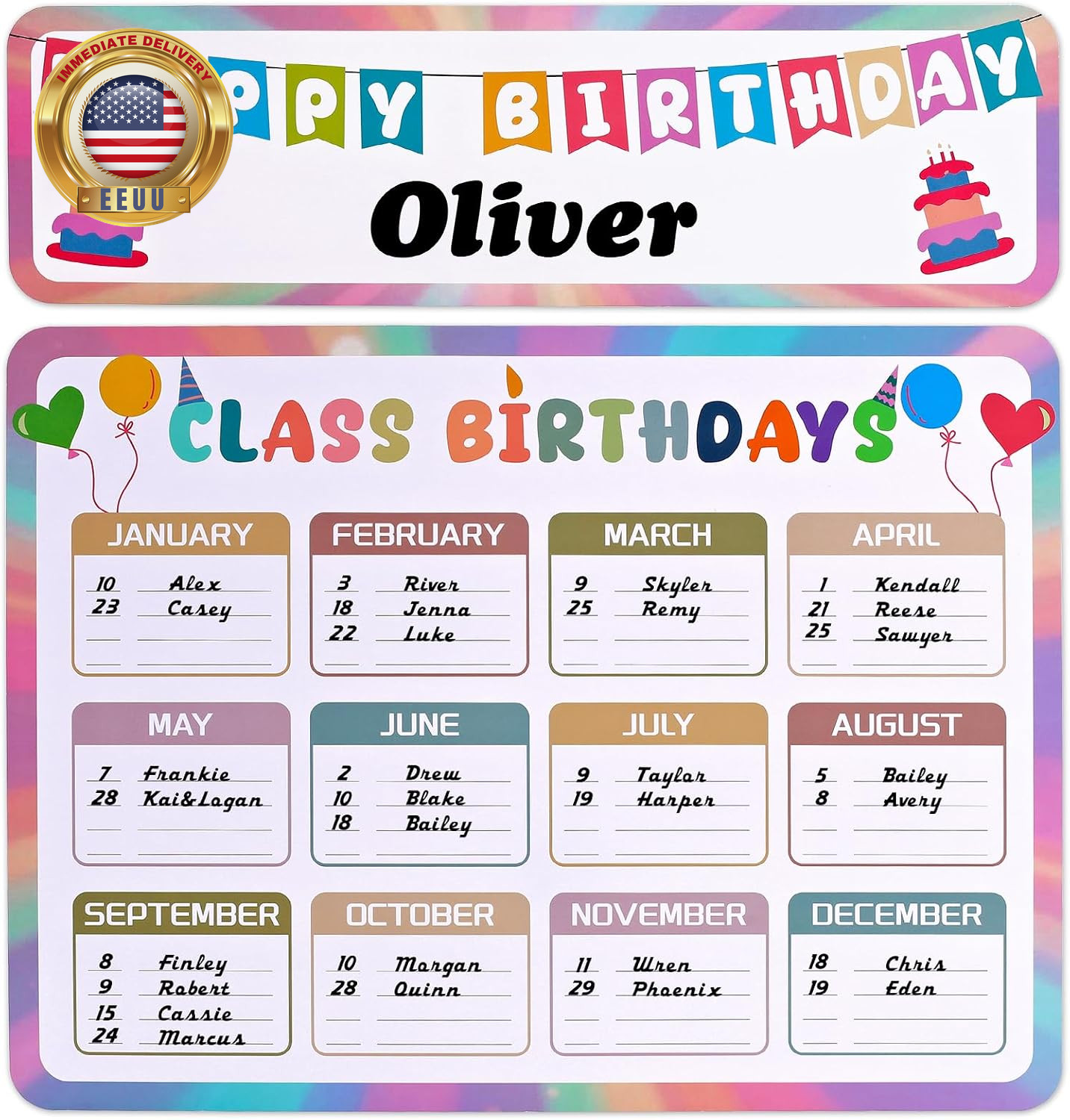 [2 Pcs] Birthday Chart for Classroom – Happy Birthday Calendar Wall Hanging for