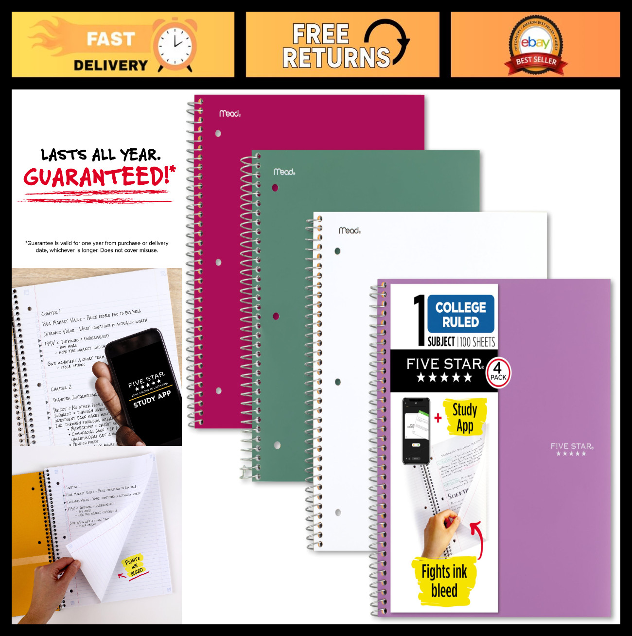 Spiral Notebook 4 Pack – 100 Sheets, College Ruled, Water Resistant Cover, Ink B