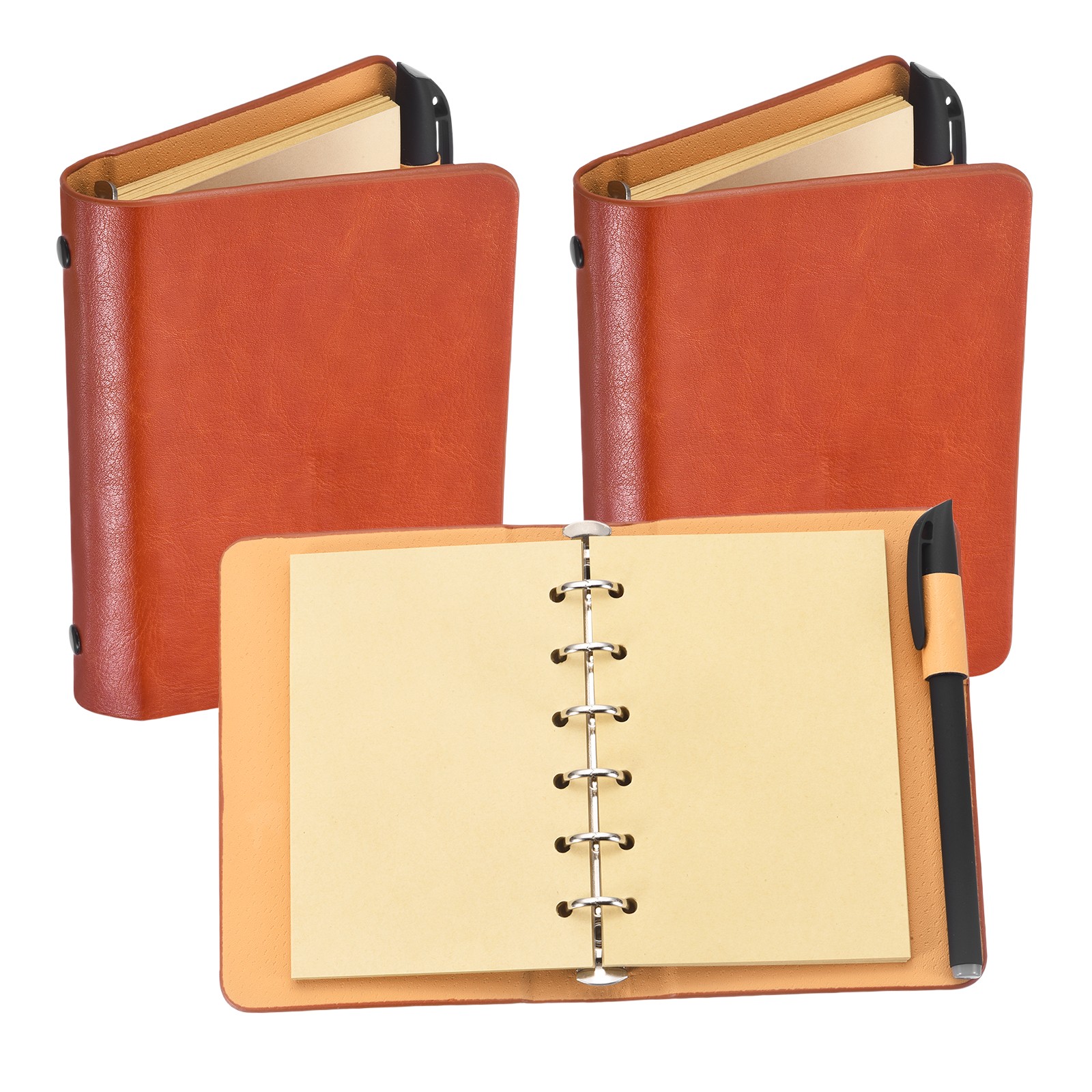 2Set 6 Ring A7 Leather Binder Cover with Kraft Paper and Pen, Yellow-Brown