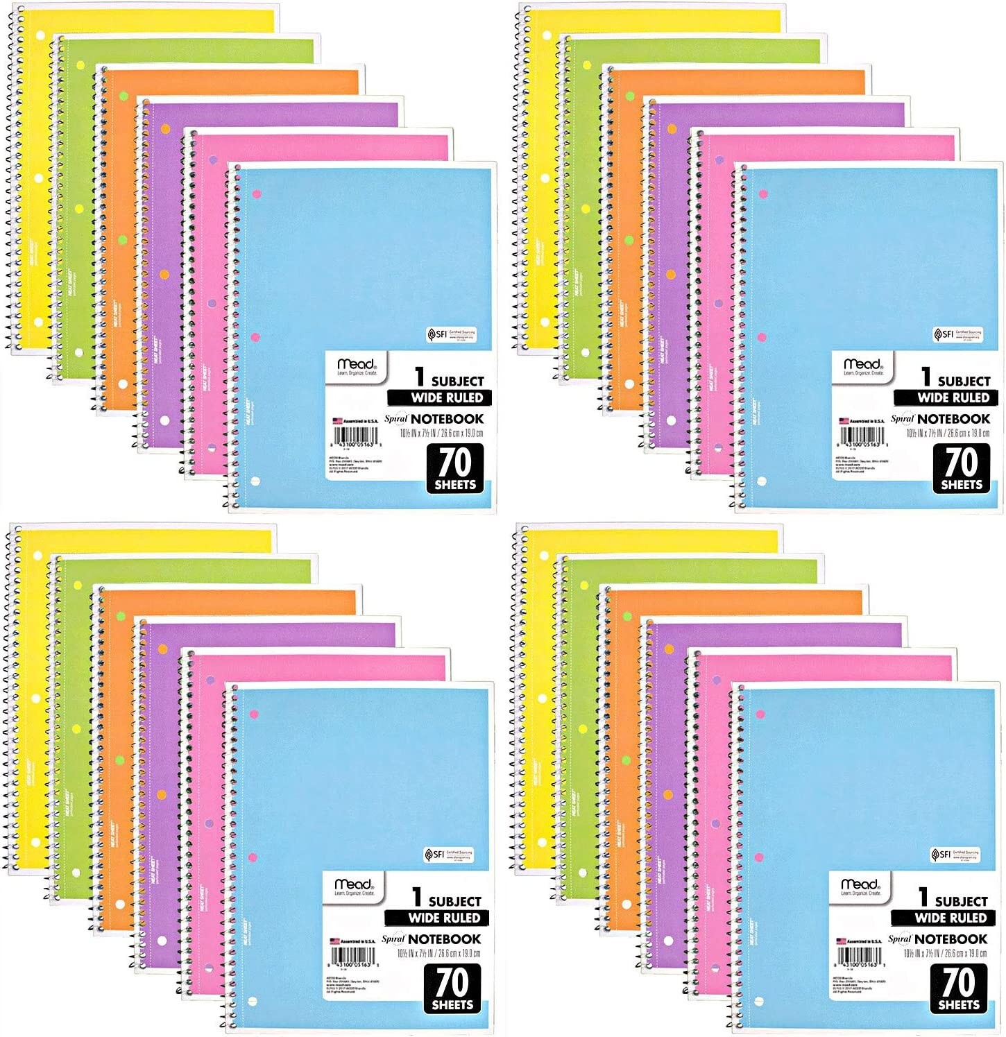 Mead Spiral Notebook 1-subject 70 page WideRuled Pastel Color Journal Pack of 24