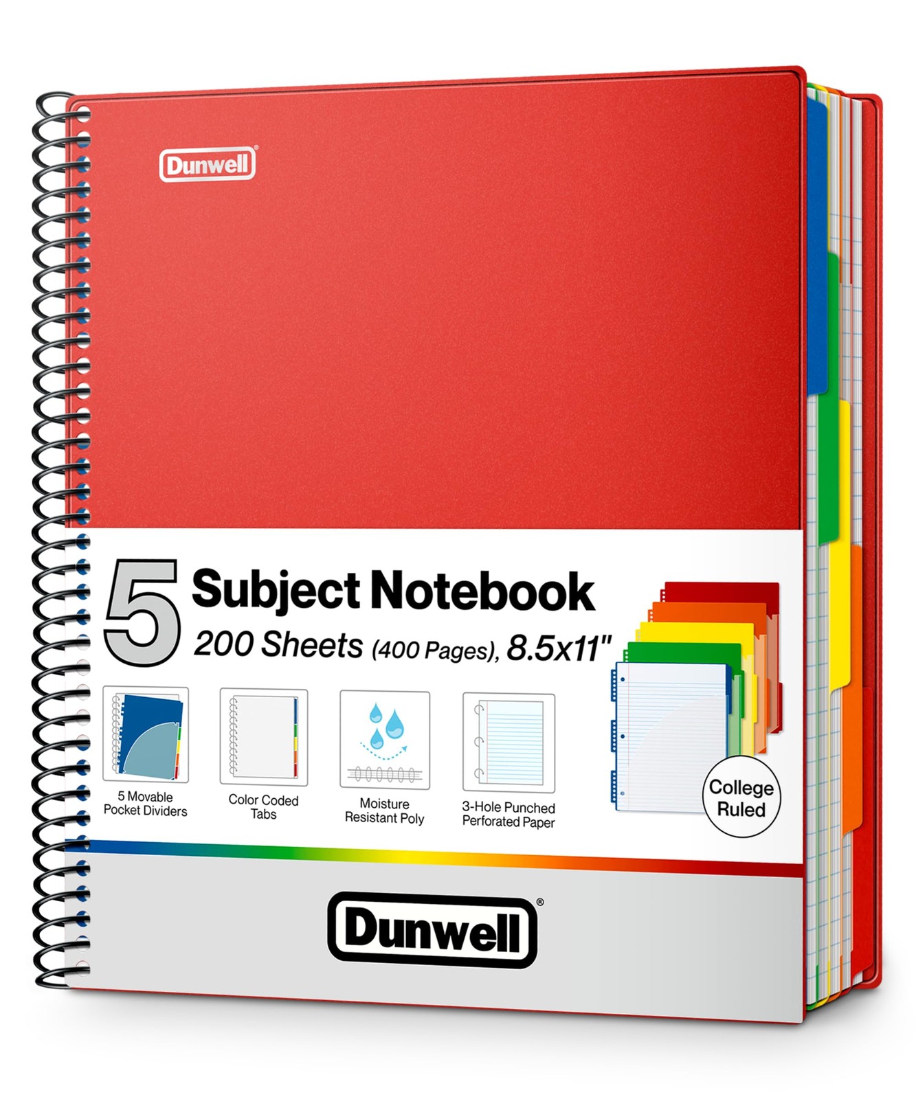 Dunwell 5-Subject Spiral Notebook, College Ruled (Red), Colorful 8.5×11″, Red