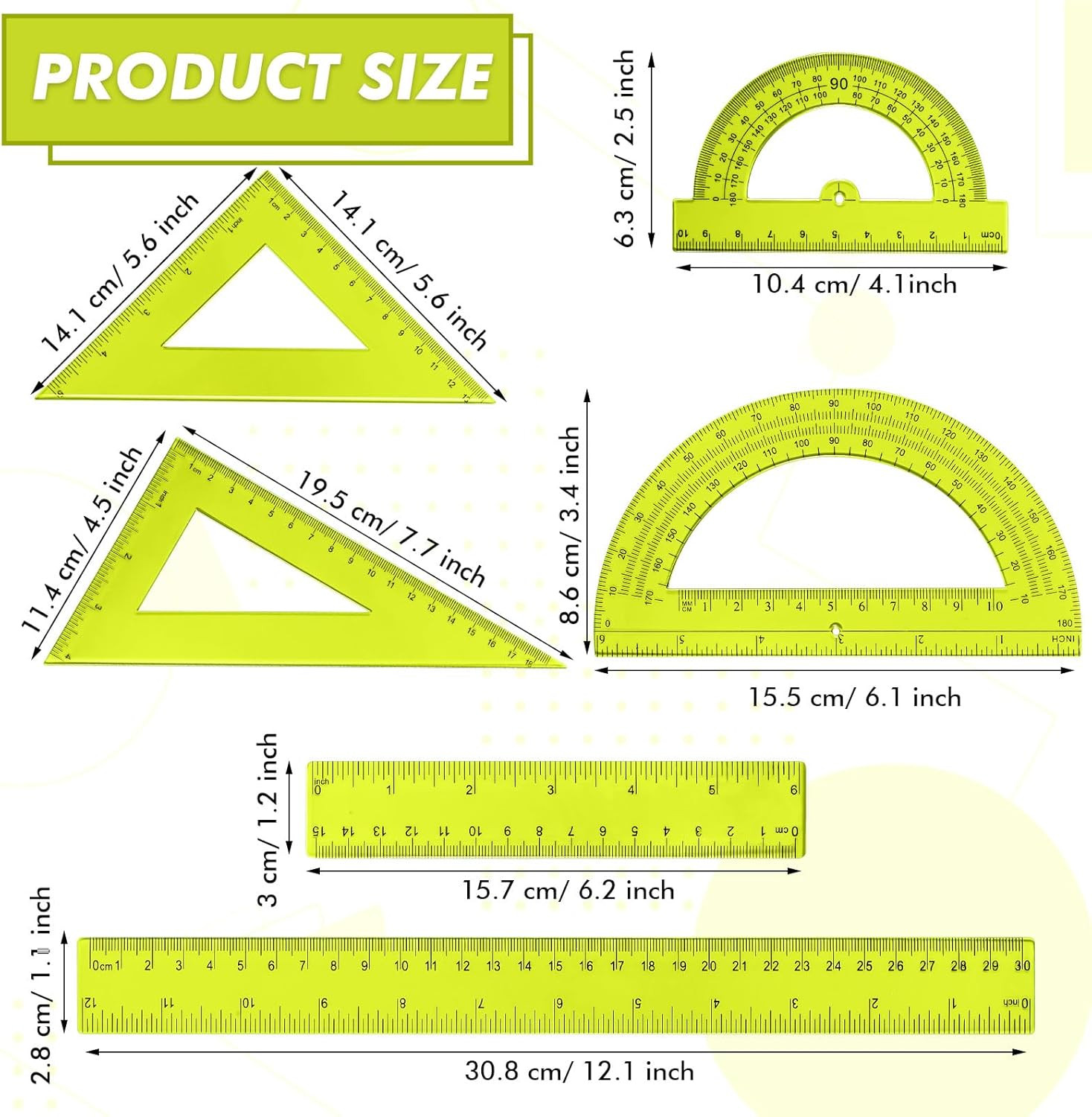 6 Pcs Plastic Ruler Math Set Includes 12 Inch 6 Inch Straight Protractor Triangl
