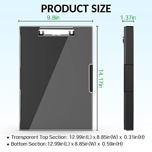 Clipboard with Storage, Heavy Duty Cleaview Clip Boards 8.5×11 with Dual Black