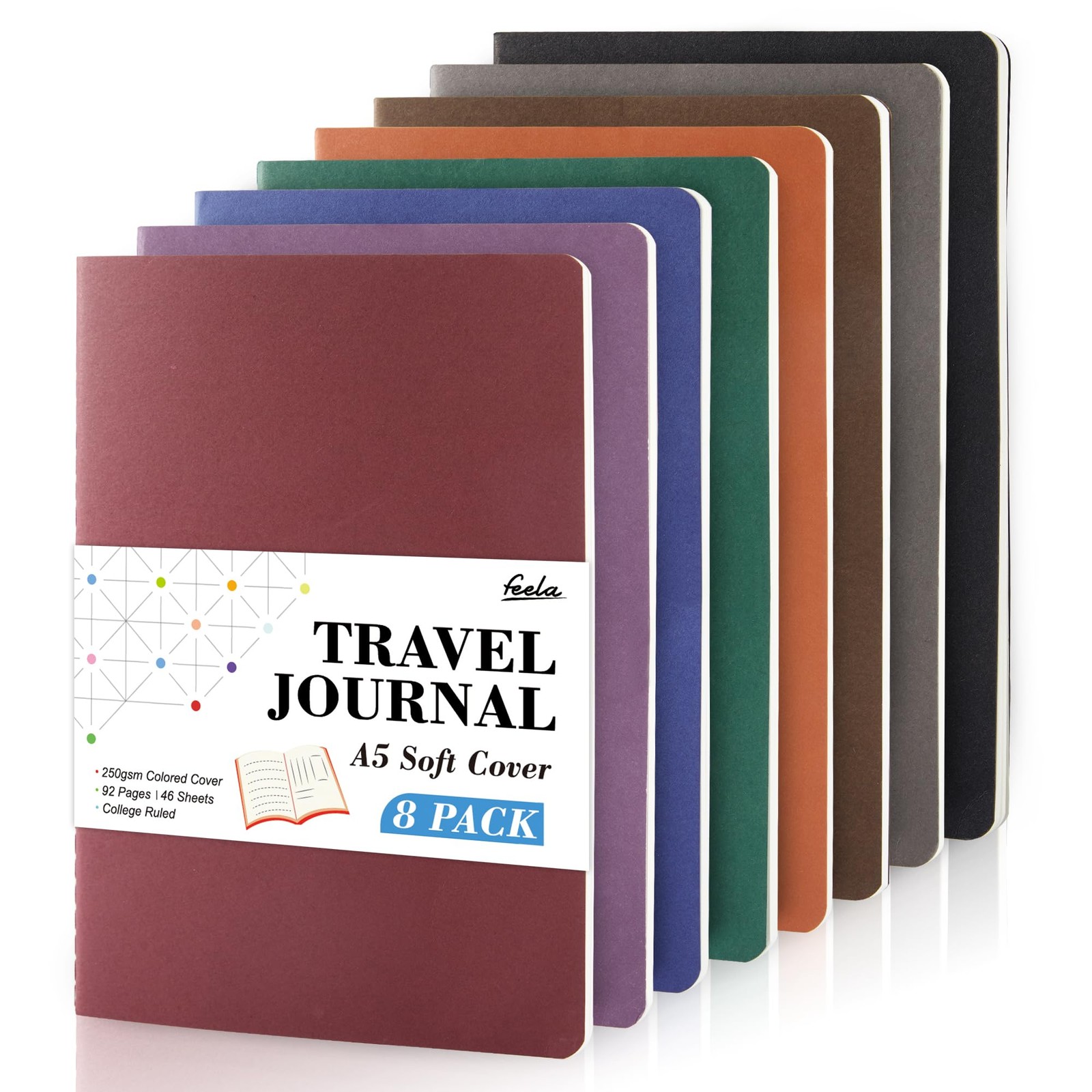 feela 8 Pack Soft Cover Journal Bulk, Notebooks 8 Pack, 8 Vintage Colors