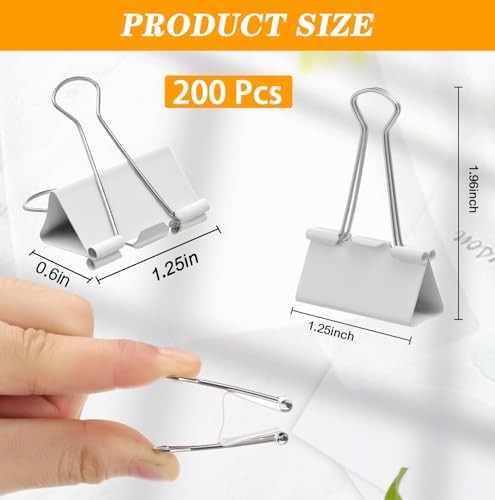 200 Pcs 1.25in/32mm White Metal Binder Clips Bulk Medium Reusable Fold Back
