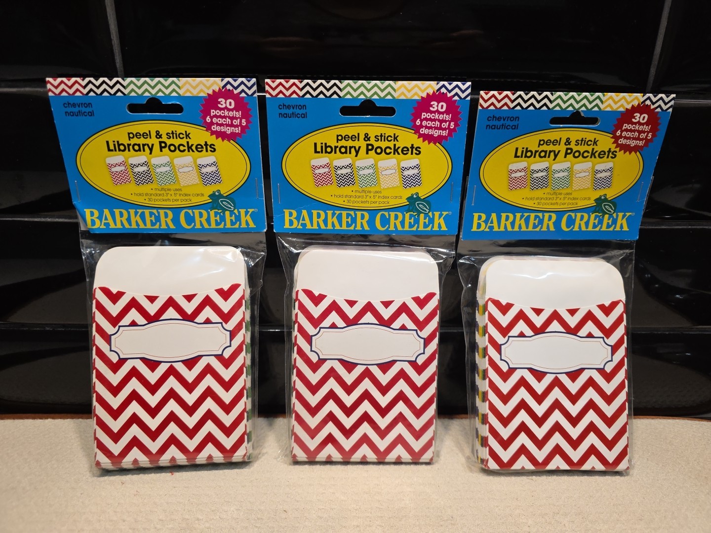 Lot Of 3 30-Packs Barker Creek Nautical Chevron Library Pockets Peel & Stick NEW