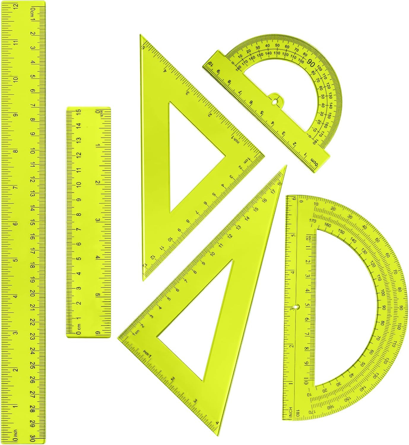 6 Pcs Plastic Ruler Math Set Includes 12 Inch 6 Inch Straight Protractor Triangl